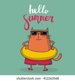 Cute cartoon cat on the beach 