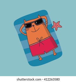 Cute cartoon cat on the beach 