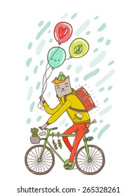 Cute cartoon cat on bicycle with air balloons, flowers and drum.