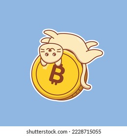 Cute cartoon cat on bitcoin coin in vector illustration. Animal isolated vector. Flat cartoon style