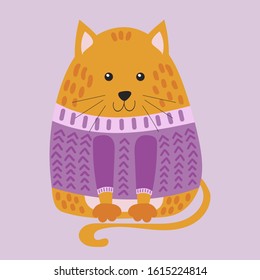 Cute cartoon cat on a colored background. Cat dressed in a warm sweater. Flat vector illustration.