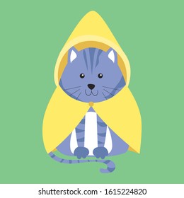 Cute cartoon cat on a colored background. A cat dressed in a cloak. Flat vector illustration.
