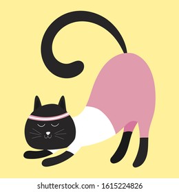 Cute cartoon cat on a colored background. A cat dressed in sportswear is engaged in fitness. Flat vector illustration.