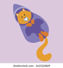 Cute cartoon cat on a colored background. Kitten dressed in overalls. Flat vector illustration.