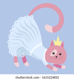 Cute cartoon cat on a colored background. Cat dressed in a dress with a full skirt. Flat vector illustration.
