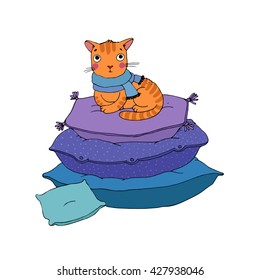 Cute cartoon cat on cushions. Hand drawing isolated objects on white background. Vector illustration.