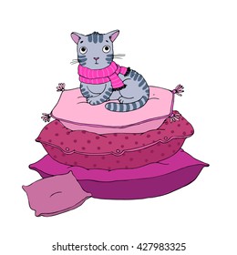Cute cartoon cat on cushions. Hand drawing isolated objects on white background. Vector illustration.