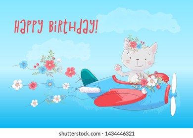 Cute cartoon cat on the plane with flowers, postcard print poster for the children's room.
