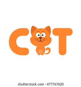 Cute Cartoon Cat on Sing with Letters. Vector Illustration isolated on white