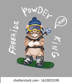 Cute cartoon cat on snowboard freeride slogan typography.