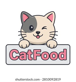 A cute cartoon cat with one gray eye patch and pink ears peeking over CatFood sign