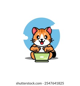 Un lindo gato de dibujos animados con piel naranja está escribiendo felizmente en una computadora portátil verde contra un fondo de cielo azul