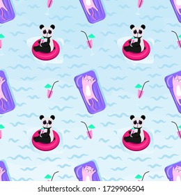 Cute cartoon cat and panda swims in the pool. Seamless pattern. Vector illustration isolated on a white background.