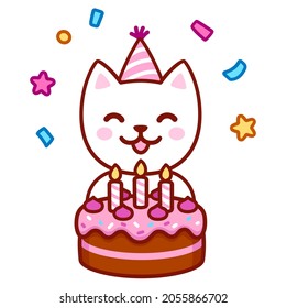 Cute cartoon cat in party hat blowing candles on birthday cake. Happy birthday greeting hard design. Kawaii vector illustration.