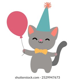 Cute cartoon cat with party hat and balloon celebrating a birthday.