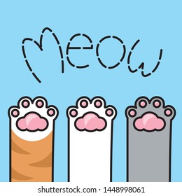 Cute cartoon cat paws drawing set. Kawaii cat feet toe beans with text meow. Isolated vector illustration.