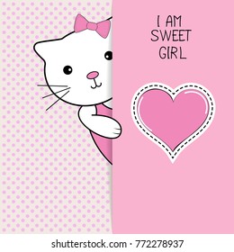 Cute cartoon cat peeking. Hand drawn Valentines Day Greeting card with charming kitty on white background. Vector illustration. 