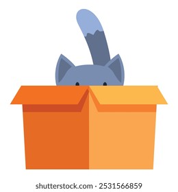 Cute cartoon cat is peeking out from a cardboard box with its tail sticking up