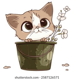 cute cartoon cat peeking out of green bucket with flowers, expressing curiosity and playfulness