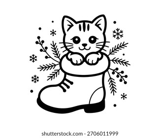 Un lindo gato de dibujos animados se asoma de una bota de Navidad, rodeado de copos de nieve y ramas de pino. Formato de Vector escalable adecuado para medios impresos y digitales.