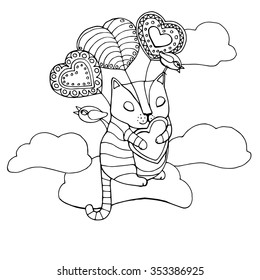 Cute cartoon cat with pillow and birds falls in love and flies in seventh heaven on patterned heart like balloons, doodle page for adult coloring book, vector design for Saint Valentine's Day