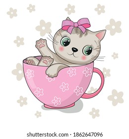 Cute cartoon cat in pink mug. 