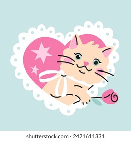 Cute cartoon cat with a pink rose in heart shape frame. Hand drawn vector illustration. Funny Valentine's day character card template.