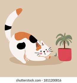 cute cartoon  cat play with plant vector illustration