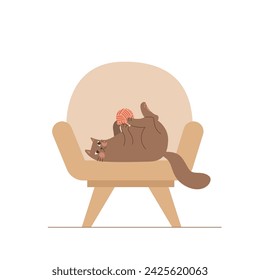 Cute cartoon cat playing with a ball of thread on a chair. Funny domestic animal. Nice pet in a flat style.