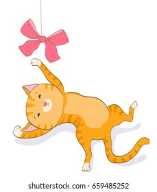 cute cartoon cat playing with bow. red tabby kitten. vector illustration