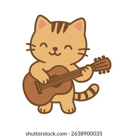 A cute cartoon cat playing a brown acoustic guitar with a happy expression