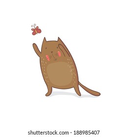 Cute cartoon cat playing with butterfly. Can be used for kids design. Vector illustration.