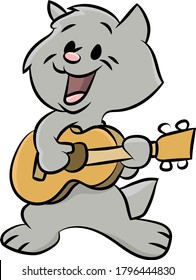 Cute cartoon cat playing guitar and singing songs vector illustration