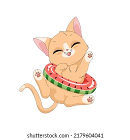 Cute cartoon cat playing with an inflatable ring. Summer time and holiday. Vector illustration of happy cheerful animal isolated on white background