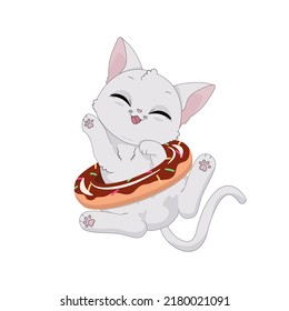 Cute Cartoon Katze spielt mit einem aufblasbaren Ring. Sommerzeit und Urlaub. Vektorgrafik eines fröhlichen Tieres einzeln auf weißem Hintergrund