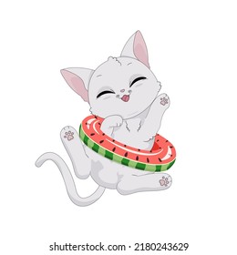 Cute cartoon cat playing with an inflatable ring. Summer time and holiday. Vector illustration of happy cheerful animal isolated on white background