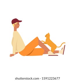 Cute cartoon cat playing with its owner - isolated man sitting on the floor smiling at his pet kitten. Domestic animal play time - flat vector illustration