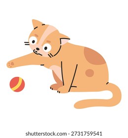 Gato lindo de la historieta que juega con la bola Pequeña, pose activa y curiosa. Ilustración vectorial moderna de moda aislada en el fondo blanco, dibujado a mano, diseño plano