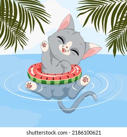 Cute cartoon cat playing in water with an inflatable ring. Summer time and holiday. Vector illustration of happy cheerful animal isolated on background.