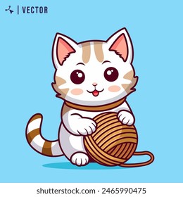 Cute cartoon cat playing with woll ball in isolated background vector illustration