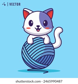 Lindo gato de dibujos animados jugando con bola de lobo en Ilustración vectorial de fondo aislado