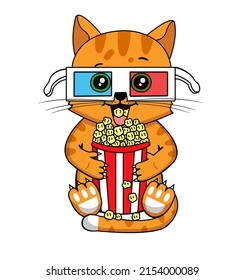 Cute Cartoon Cat and Popcorn Cinema Vector Illustration