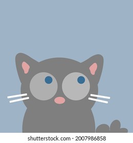 Cute cartoon cat. Portrait of a little friendly kitten. Surprised emotion. Cute cartoon character. Pet baby collection Card. Flat design. Blue sky background. Vector illustration.