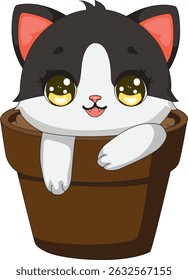 Cute Cartoon Cat In A Pot Kitten Vector