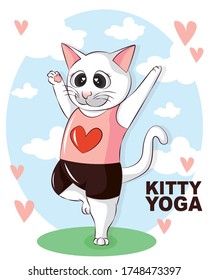 Cute Cartoon Katze, die Yoga am Himmel praktiziert. Cute Vektorcartoon flache Katze. Yoga kitty.