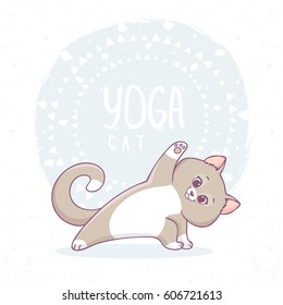 Cute cartoon cat practicing yoga. Vector illustration. Children's yoga