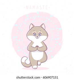 Cute cartoon cat practicing yoga. Vector illustration. Children's yoga