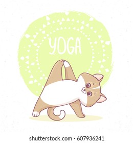 Cute cartoon cat practicing yoga. Vector illustration. Children's yoga