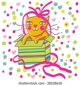 Cute cartoon cat in a present box