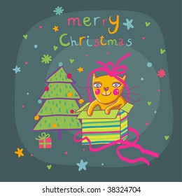 Cute cartoon cat in a present box christmas background